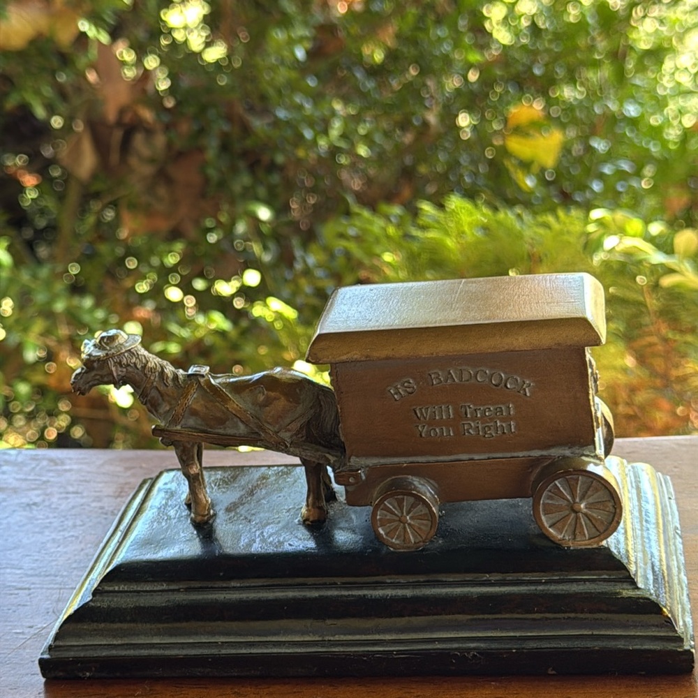 Vintage Brass HS Badcock Horse and Wagon Mercantile Wagon.